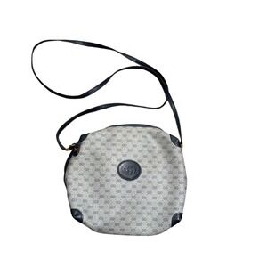 Vintage Gucci GG Plus Monogram Crossbody Bag Grey Navy Blue Coated Canvas Round